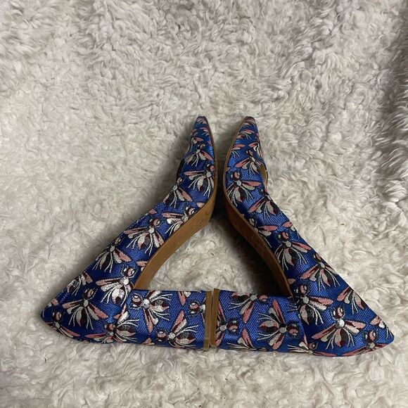 Marc Fisher brocade fabric royal blue   colorful flies print block heels SZ10M - Picture 7 of 11
